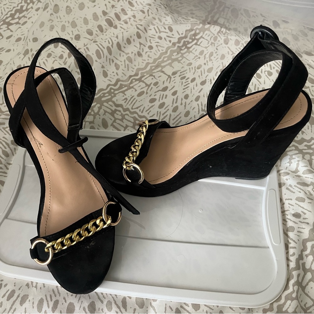 Black Wedge Sandals with Gold Chain